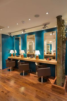 a room with blue walls and wooden floors, two lamps on each side of the counter