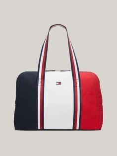 Colorblock Duffle Bag | Tommy Hilfiger Sporty Backpack For On-the-go, Sporty White Canvas Bag, Sporty Canvas Gym Bag, Sporty Large Capacity Tote Luggage, Functional Tote Weekender Bag With Reinforced Handles, Sporty Canvas Bag With Large Capacity, Large Capacity Sporty Canvas Bags, On-the-go Duffle Bag With Double Handle, Sporty Canvas Bag With Zipper Closure