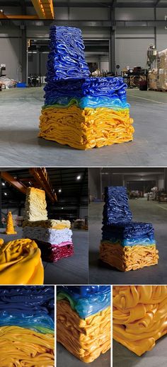 there are many stacks of different colored papers stacked on top of each other