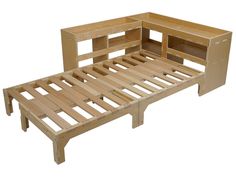 a bed frame made out of wood with drawers on each side and bottom shelf at the end