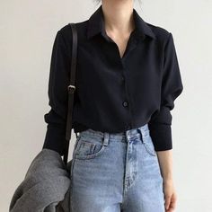 Black Shirt Outfits, Casual Chique Stijl, Black Chiffon Blouse, Chiffon Blouses, Black Shirts Women, Chic Shirts, Casual Shirt Women, Blouse Long Sleeve, Black Chiffon