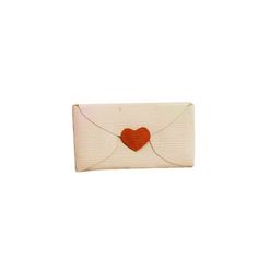 a white envelope with a red heart on the front and back flap, attached to a string