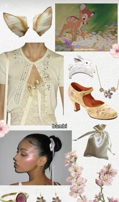 various pictures of different types of clothing and accessories with flowers in the foreground, an image of a woman's face