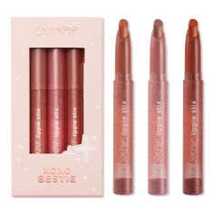 XOXO Bestie Lippie Stix Trio - XOXO BESTIE LIP KITIncludesLippie Stix in Parker (0.035 oz): Mid-tone warm nude shadeLippie Stix in Brink (0.035 oz): Terracotta rose shadeLippie Stix in Ziggie (0.035oz): Dark terracotta shadeBenefitsLimited-edition trioFull-size itemsSuper pigmentedMatte finishOne-swipe intensityLong-lasting, creamy formulaNon-drying & comfy on lipsKey IngredientsMango seed, avocado & shea butters lock in moistureAntioxidant-rich vitamin E nourishes lips - XOXO Bestie Lippie Stix Dark Terracotta, Makeup Inspired, Makeup Wishlist, Eyebrow Eyeshadow, Too Faced Concealer, Makeup Bag Organization, Body Sunscreen, Candy Christmas, Flat Iron Hair Styles