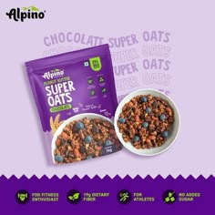 an ad for alpine super oats cereals with chocolate and blueberries in the bowl