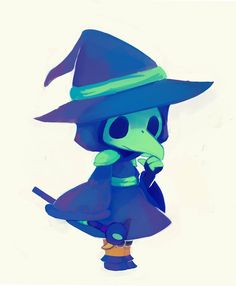 a drawing of a cartoon character wearing a witches hat and holding a cane in her hand