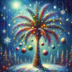 a painting of a palm tree surrounded by christmas balls and snowflakes with lights on it