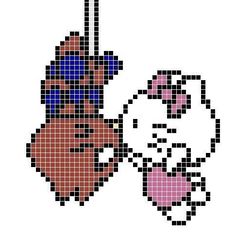 a cross stitch pattern with an image of a cat and a heart hanging from a hook