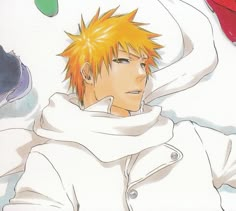 an anime character with yellow hair and orange eyes wearing a white hoodie over his head