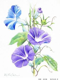 a watercolor painting of purple and blue flowers