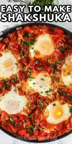 the best ever shakshuka recipe in a skillet with eggs on top