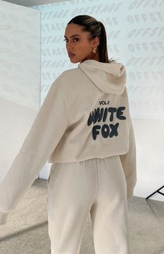 The Offstage Hoodie Moon. Head online and shop this season's latest styles at White Fox. White Fox Hoodie, Fox Hoodie, Puff Print, Tracksuit Set, White Fox, Suit Fashion, Hooded Sweater, White Hoodie, Casual Look