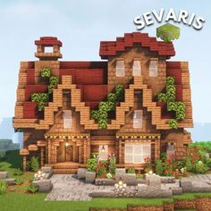 an image of a very nice house in the minecraft game sevaris with plants growing on it