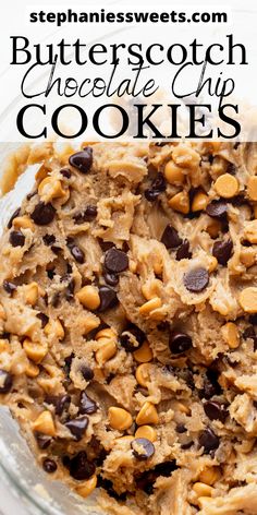 chocolate chip cookies in a glass bowl with text overlay