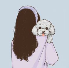 a drawing of a woman with her dog on her shoulder and the back of her head