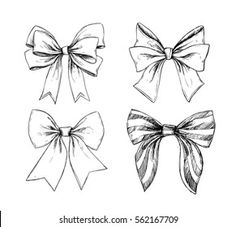 three bows drawn in black ink on white paper, each with a different ribbon pattern