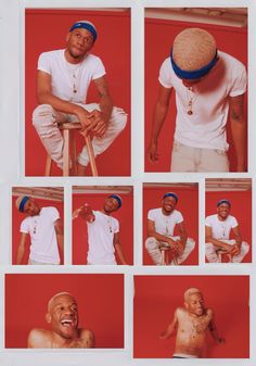 multiple shots of a man with no shirt on sitting in front of a red background