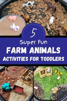 Pin text reads, 5 super fun farm animals activities for toddlers and includes images of 3 farm activities. Animal Tuff Tray Ideas, Animal Tuff Tray, Farm Animals Activities For Toddlers, Animals Activities For Toddlers, Tuff Tray Ideas For Toddlers, Animal Activity For Kids, Farm Activities For Toddlers, Farm Play, Animals Activities