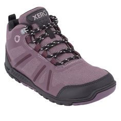 a purple shoe with black laces on it