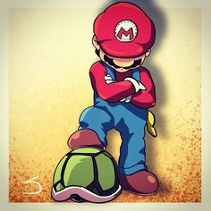 an image of mario on the ground with his arms crossed next to a baseball cap