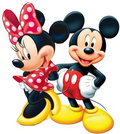 two mickey and minnie mouse characters hugging each other