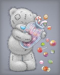 a drawing of a teddy bear holding a jar with candy on it's side