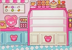 an image of a hello kitty bakery with pink teddy bears on the counter and shelves