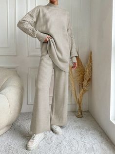 2pcs/Set Women's Casual Solid Color Stand Collar Sweater And Pants Set, Autumn & Winter Apricot Casual    Plain Pants Slight Stretch  Women Clothing, size features are:Bust: ,Length: ,Sleeve Length: Plain Pants, Solid Color Sweater, Pullover Outfit, Lace Decor, Drop Shoulder Sweaters, Flare Leg Pants, Pantalon Large, Collar Sweater, Knit Sweater Dress