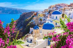 the blue domed buildings are on top of the hill by the water and flowers in front of them