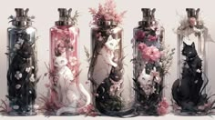 four glass bottles with cats and flowers in them, one is black the other is white