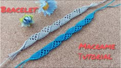 two blue and white crochet bracelets on the ground with instructions to make them