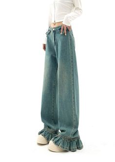 Denim Skirt Jumpsuit, Affordable Blue Denim Dress With Snap Buttons, Ruffle Flare Jeans, Clothing Inspired By Architecture, Jeans With Ruffles, Jeans Folded At The Waist, Pant Top Design, Cool Denim Jeans, Down To Earth Fashion