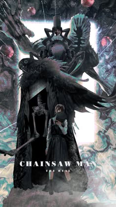 the cover to chainsaw man, with an image of two people on a giant bird