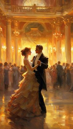 a painting of a couple dancing in a ballroom