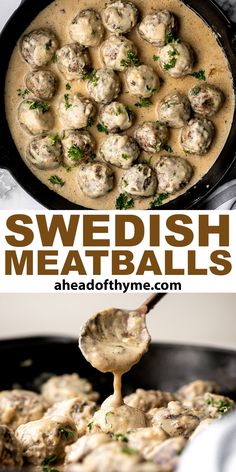 swedish meatballs are being cooked in a skillet and served with gravy