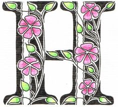 the letter h is decorated with pink flowers and green leaves on it's sides