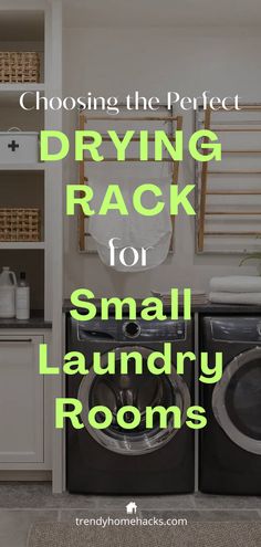 Choosing Drying Rack for Small Laundry Rooms Pinterest Pin caption with a background of a laundry room with wall drying racks installed. Laundry Room Ideas To Hang Clothes, Overhead Laundry Drying Rack, Small Drying Room, Drying Bar In Laundry Room, Laundry Rooms With Drying Racks, Laundry Room Design Drying Rack, Laundry Room Hanging Rack Ideas, Tension Rod Laundry Room, Hanging Wet Clothes In Laundry Room