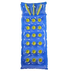 an inflatable blue and yellow object with lots of yellow circles on it's side