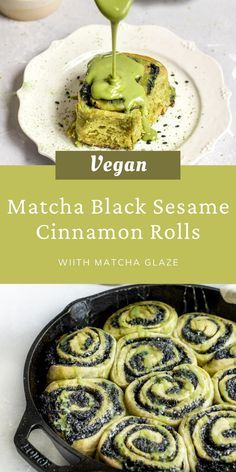 vegan matcha black sesame cinnamon rolls with matcha glaze on the side