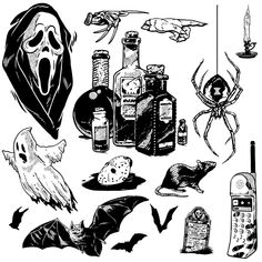 black and white illustration of halloween items including bottles, bats, ghost mask, spider web