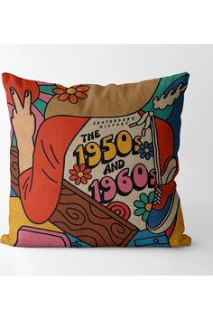 a pillow with an advertisement for the 1950's and 1960's on it