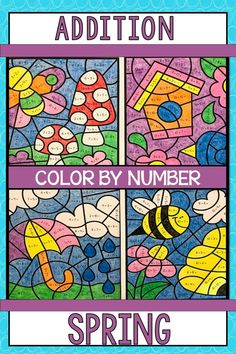 the color by number spring addition is shown in three different pictures, including one with bees and