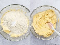 two images showing the mixing process for cake batter