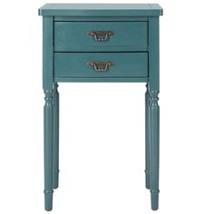 a small blue table with two drawers on one side and an open drawer on the other