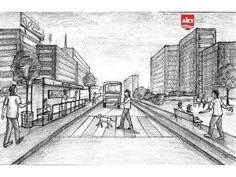 a pencil drawing of people walking down the street in front of a bus stop and buildings