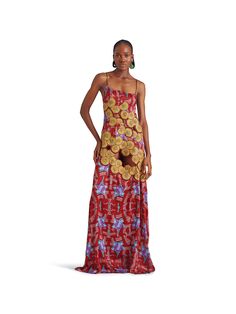 Lisa Folawiyo's dress will ensure all eyes are on you. It's made from colorful patterned silk with a lustrous sheen and sewn with a myriad of intricately beaded appliqués—a designer signature. The silhouette is detailed with skin-revealing cut-outs and falls to a floor-pooling hem. Balance yours with minimal jewelry and your highest heels.- Spaghetti straps, maxi length, zip fastening- Silk, cotton- Handcrafted by the in-house team of artisans using environmentally friendly and upcycling practic Fitted Multicolor Silk Dress, Red Silk Sequined Dress, Red Silk Dress With Sequins, Silk Maxi Dress With Sequins For Party, Silk Sequin Maxi Dress For Party, Embellished Silk Floor-length Dress, Floor-length Embellished Silk Dress, Silk Multicolor Evening Dresses, Silk Maxi Dress With Sequins