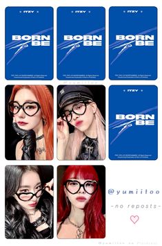 an advertisement for born to be, featuring four different women with red hair and glasses