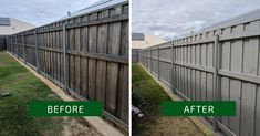 before and after photos of a fence with grass