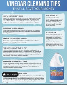 a bottle of vinegar cleaner on top of a blue and white background with the words vinegar cleaning tips that'll save your money