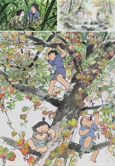 two pictures of children climbing up and down a tree, one with leaves on it